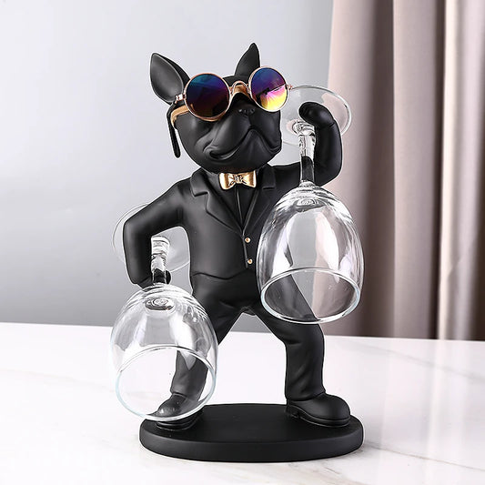 KungFu Bulldog Butler Creative Wine Glass Holders Resin Dog statue Wine Glass Rack Stand for Table Desk Décor for Kitchen Bar