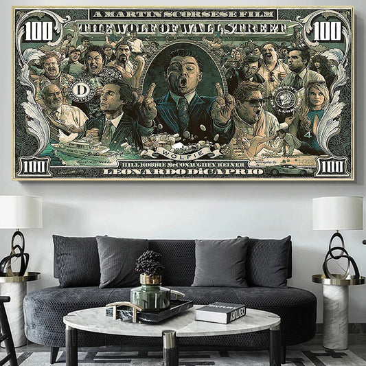 $100 Dollar Street Art: Wolf Wall Street Pop Canvas for Living Room Decor