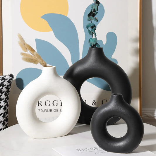 Circular Hollow Donut Ceramic Vase: Nordic Decor for Office & Home