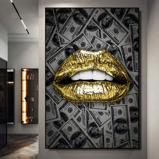 Golden Silver Lips & Dollar: Luxury Canvas Art for Home Decor